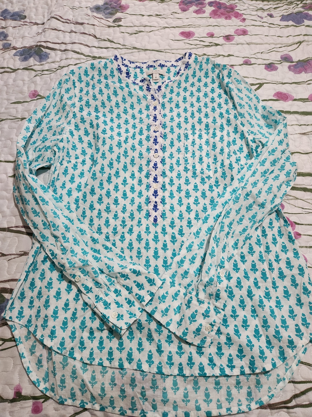 J. Crew Printed %100 Cotton Popover Tunic White with Teal & Blue Floral Print